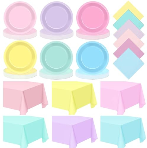 102 Pcs Pastel Easter Party Tableware Set,Pastel Party Supplies Disposable 9 Pastels Paper Plates,Rectangle Table Covers and Napkins for Spring Easter Wedding Rainbow Birthday Parties Decoration