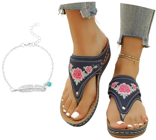 LDXEQIZ Sandalias Ortopédicas con Separador De Dedos Chanclas Retro for Mujer con Bordado Floral Pantuflas De Pies Anchos Pantuflas con Soporte for El Arco Flip-Flops De Verano 2026(Blue,43 EU)