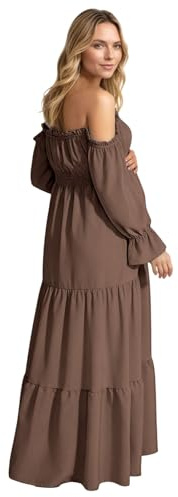 Elegante vestido de maternidad para embarazo, hombros descubiertos, manga larga, escalonado con abertura lateral, cintura alta, estilo bohemio fluido