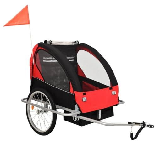 Ziaphsol Remolque de bicicleta 2 en 1 para niños y cochecito, color negro y rojo, de tejido Oxford, marco de acero de 40 kg, con correa de 5 puntos, capota para todo tipo de climas, acoplamiento