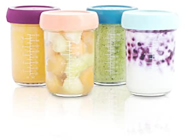 Babymoov Babybols Lot de Pots de Conservation en Verre Bébé 4x220 ml - avec Couvercles Hermétiques & Réinscriptibles - Compatibles Réfrigérateur, Micro-ondes, Congélateur, Lave-vaisselle
