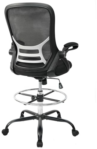 HYLONE Silla de oficina alta con respaldo alto, taburete de escritorio de malla con anillo ajustable y brazos abatibles (negro)