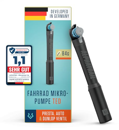 Alphatrail Mikropumpe Ted - Für alle Ventile 8,3 Bar / 120 PSI Maximaldruck I Effiziente Teleskopfunktion I CNC gefräste Aluminium Luftpumpe I Fahrradpumpe für französisches Ventil, Auto-Ventil & DV