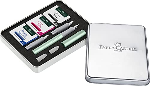 FABER-CASTELL 201513 - Kalligrafie Set Grip, Pearl mint, Füller F mit Ersatzfedern 1,4 mm und 1,8 mm, inklusive Tintenpatronen schwarz, pink, königsblau