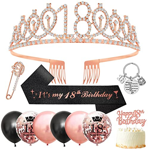 18 Anni Compleanno Ragazza, Corona Compleanno Diadema e Fusciacca Regali 18 anni Ragazza,Oro Rosa Strass Coroncina 18 anni Luccichio Fusciacca Palloncini 18 anni Cake Topper Bomboniere 18 anni