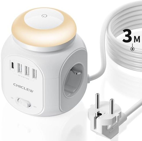 CHICLEW Steckdosenwürfel Mit Licht Und 3m Kabel, 4 Fach Mehrfachsteckdose Mit USB C Und A, 8 in 1 Steckdosenleiste für Zuhause, Büro Und Reisen