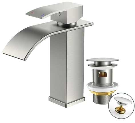 FORIOUS Wasserhahn Bad mit Ablaufgarnitur,Wasserfall Waschtischarmatur Einhandmischer Armatur Waschbecken mit Auslauf Höhe 110 MM,Wassersparend, Energiesparend,Brushed Nickel