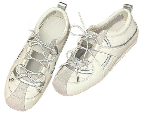 Women's Trendy Metallic Faux Leather Lace-Up Ballet Flats, Lightweight Comfortable Sporty Slip-On Shoes for Casual Daily Wear All-Season (White,4.5)