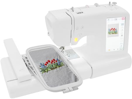 OUKANING Macchina da ricamo controllata al computer, combinata con touch screen da 7 pollici, 96 disegni di ricamo integrati, 162 programmi di cucito, importazione di modelli USB e pedale per