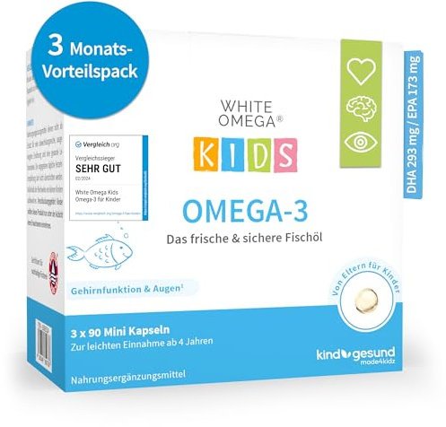 Omega 3 Kinder - Vergleichssieger 2025-518 mg Fischöl mit 293 mg DHA und 173 mg EPA - zuckerfrei - kein Fischgeschmack - leicht zu schlucken - Fischöl Kapseln - 270 Mini Kapseln - White Omega Kids