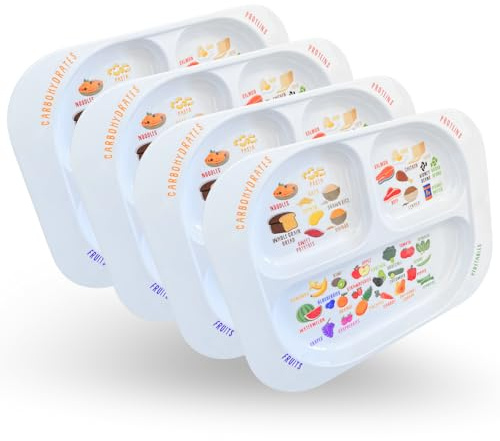 j&m Plaque d'apprentissage divisée pour enfants (4) | En savoir plus sur les groupes alimentaires | Sections colorées pour les mangeurs difficiles | Mélamine adaptée aux enfants, va au lave-vaisselle