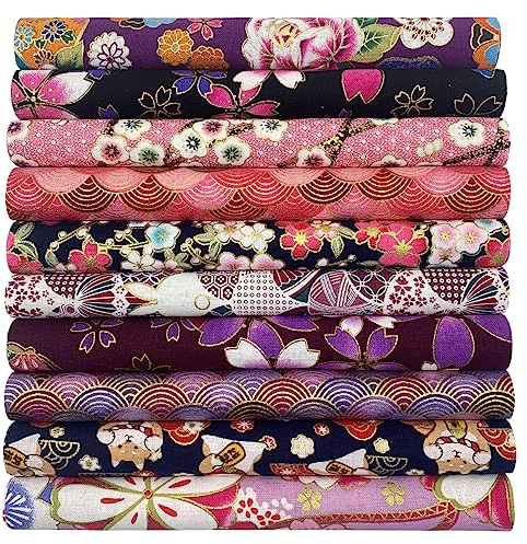 aufodara 10er Baumwollstoff Meterware Patchwork 20x25 cm Japanische Stil gedruckt Blumen Gold Muster Bronzing Stoffpaket Baumwolle Stoffe zum Nähen Quilten DIY Artcraft Handarbeit (Rosa, Lila)