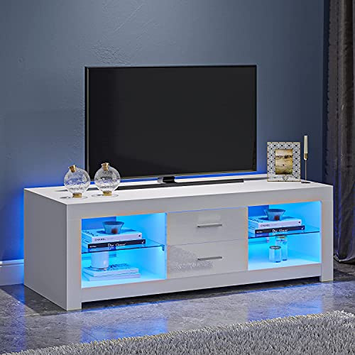 Panana TV Stand Cabinet 2 Drawer 2 Glass Shelves LED Lighted TV Console Unit for 22-55 Flat Screen 4k TVs (white)
