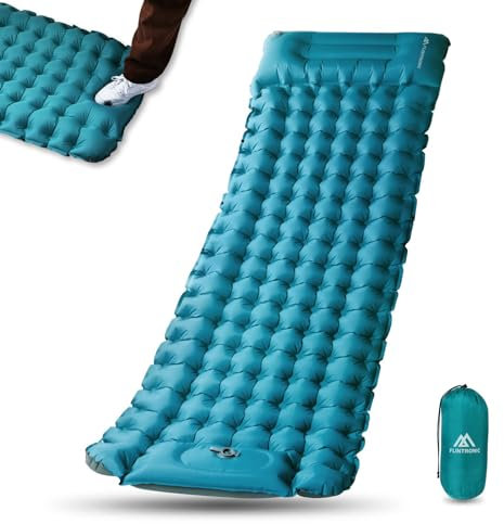 flintronic Camping Isomatte Selbstaufblasend mit Fußpresse Pumpe, 10CM Thick Wasserdicht Isomatte mit Kopfkissen, Outdoor Aufblasbare Luftmatratze, Faltbar Schlafmatte für Outdoor, Camping, Blau