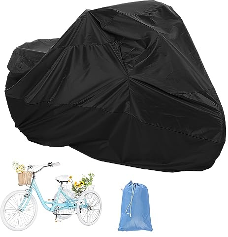 AkiiGer Adult Tricycle Cover Waterproof Outdoor, Bike Covers for 2 Bicycles, Sun Dust Wind Proof Bicycle Cover with Lock Hole, 90.6L, Ripstop Material, Easy to Carry-Black