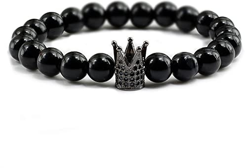 Naturlig matt lavasten pärlor magisk svart män kvinnor armband berlock krona armring drottning och kung armband för par smycken naturlig matt lavasten pärlor magisk svart män kvinnor armband berlock krona armring drottning och kung armband för par smycken, stil 8