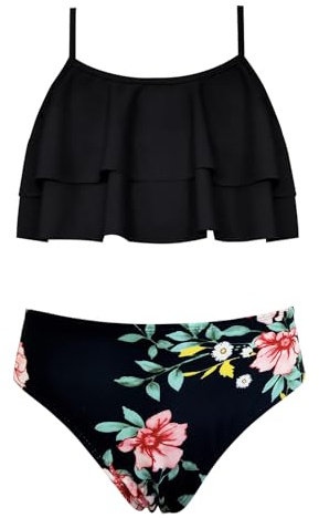 SHEKINI Costume da bagno da bambina in due pezzi, con volant, regolabile, stampato, tankini con pantaloni bikini, bikini per adolescenti da 6 a 14 anni, Fiori neri., 12 anni