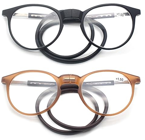 Lanomi Rund Oval Lesebrille Damen Herren Magnetverschluss Clip Leicht Lesehilfe Sehhilfe mit Elastische Silikon Brillenbänder 2 Stück (Schwarz+Braun) 2.5