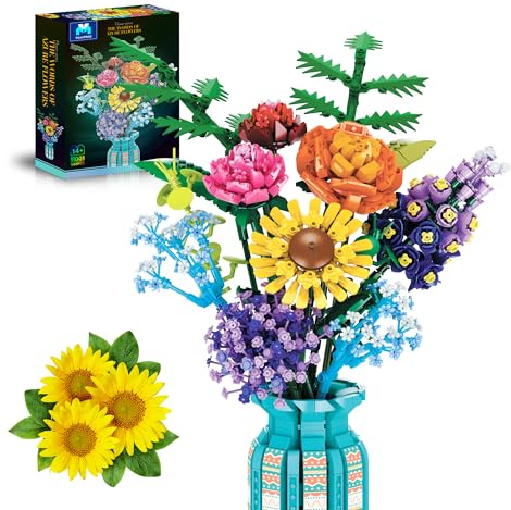 Blumen Bausatz Set mit Vase 1853 Stück, Botanische Sammlung Klemmbausteine Künstliche Blumenstrauß mit Rosen/Sonnenblumen, 14 Blüten und Blätter, Flower Geschenk für Erwachsene, Mädchen Frauen