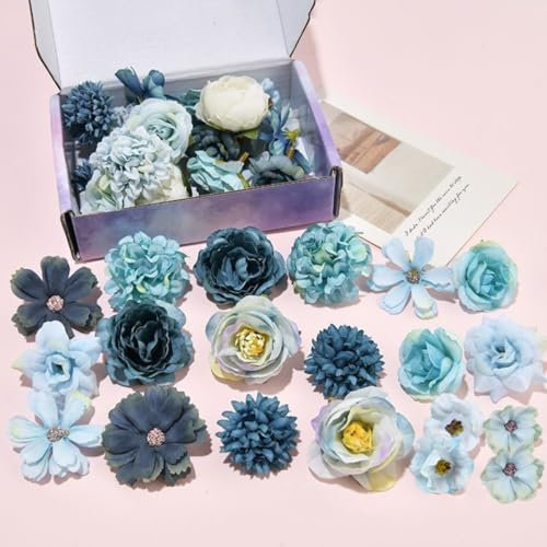 KARLOR 20 flores artificiales azules para manualidades, rosas artificiales, hortensias, dalias, margaritas, flores decorativas, flores de seda, hortensias para manualidades, ramos de novia y bodas