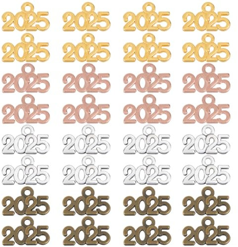 SOFPLATE 1 Box 100 Stück 2025 Charms in Großpackung - Gold Jahres Charm Legierung Roségold Antik Silber Bronze - Jahreszahlen Buchstaben Zur Schmuckherstellung Abschluss Quasten Halsketten