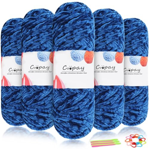 Coopay Lana di ciniglia in velluto per uncinetto, 500 g (5 x 100 g) di velluto di ciniglia, spessa per lavorare a maglia, morbida lana di ciniglia con accessori all'uncinetto, per sciarpe, coperte