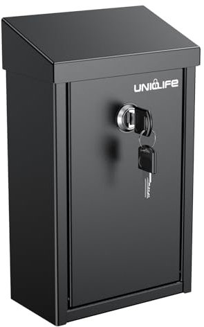 Uniclife Buzón de Llaves para Exterior, Caja de Recogida de Donaciones Metal con Cerradura Llave, Buzón de Sugerencias Seguro, Buzón Montado en la Pared Ranura Superior, Caja Caída Dinero de Acero