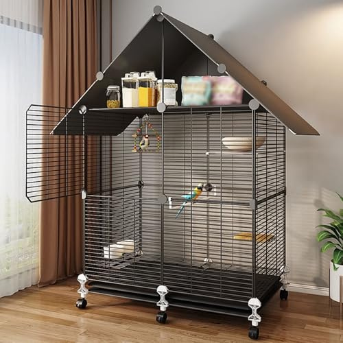 RTTZBOZ Fågelbur, voljär för fåglar, medelstor fågelbur, fågelbur med stativ, fågelvoljärer för inomhusbruk med flerdörrsdesign, för finkar, parakiter, svart