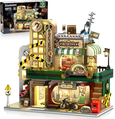 INSOON Stadt Detektiv Haus Bauspielzeug mit LED Licht, 1231 Stück Detektivbüro Bausteine mit Clue, Architektur Konstruktion Baukasten Modell für Erwachsene Jugendliche Kinder Jungen Mädchen 6-12+