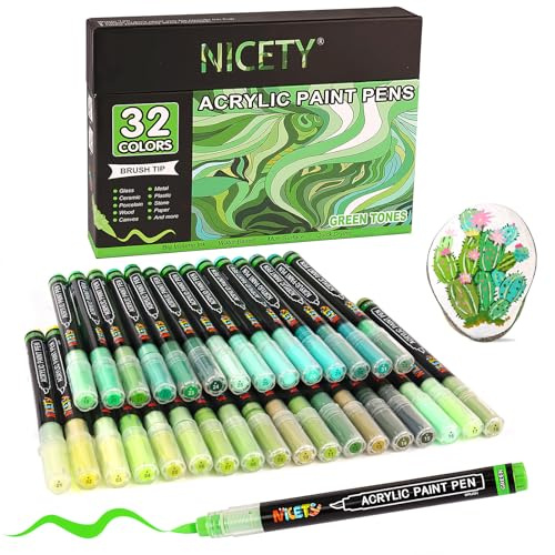 NICETY 32 Colours Acrylic Paint Pens - Paint Markers 1-5mm Brush Tip Water Based Acrylic Markers for Rock Painting Stone Wood Ceramic (Green)