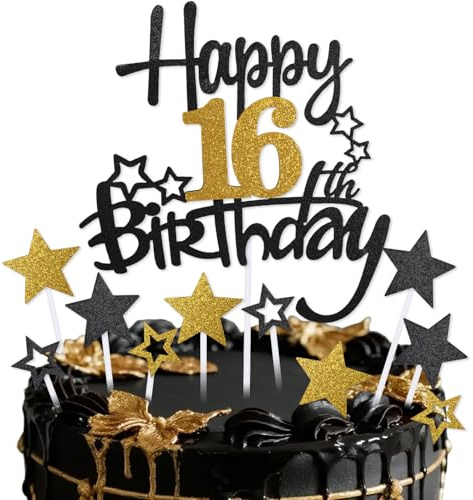 mciskin Black Gold 16th Birthday Cake Topper,16th Birthday Decorations for Boy Girls,Black and Gold Star Cupcake Toppers,Personalised Cake Toppers for Girl Boy Birtdhay Party Decorations