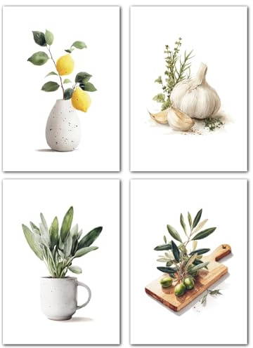 LAVEMA Küchenbilder Wanddeko Esszimmer Poster Set A4 (21x30cm) Bilder Küche Modern Bilderwand stilvolle Küchendeko Kitchen Vintage Wandbilder Grün Pflanzen Aesthetic Wandposter ohne Bilderrahmen