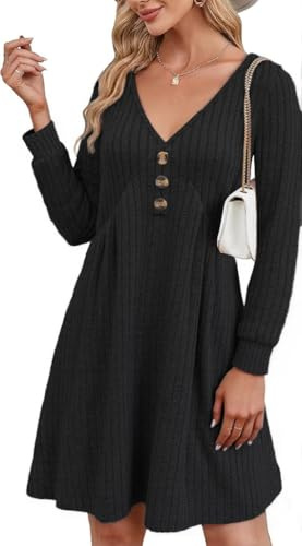 ABYOVRT Robe Hiver Femme Manches Longues Robe Pull A-Line à Col V Couleur Unie Chaud Casual Robe Chic et Elegant Automne Hiver,Gris,S-XXL