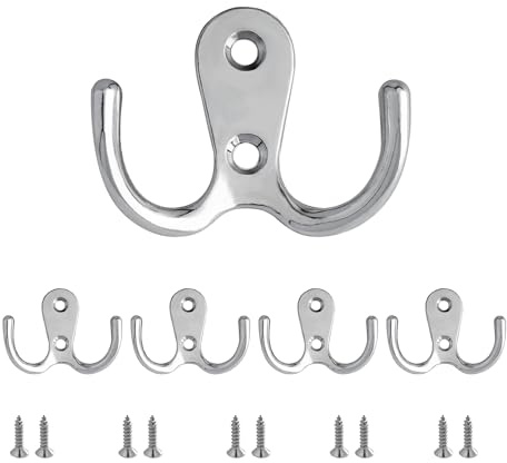 SZWLJ 5PCS Dual Coat Hooks, Silver Metal Double Prong Coat Hooks Wall Mounted with Screws, Door Hooks can be Used for Hanging Clothes, Towels, Suitable for Bedroom, Bathroom