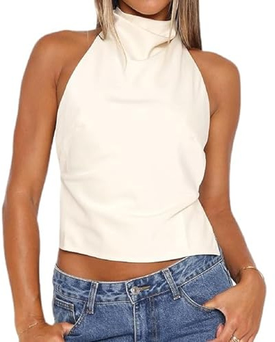 BABWWNIX Women Halter Backless Tank Top Silk Satin Going Out Mock Neck Crop Camisole Shirt Sexy Summer Open Back Y2k Vest Top (White, S)