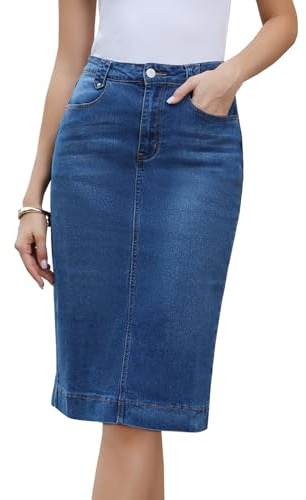Allegra K Jupe en Jean Femme Taille Haute Coupe Crayon, Longueur Genou | Fente Dos, Délavée Vintage