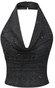 GORGLITTER Sommartoppar damer halterneck topp glitter crop toppar festival outfit sexig fest topp glitter topp sommarmode draperad topp