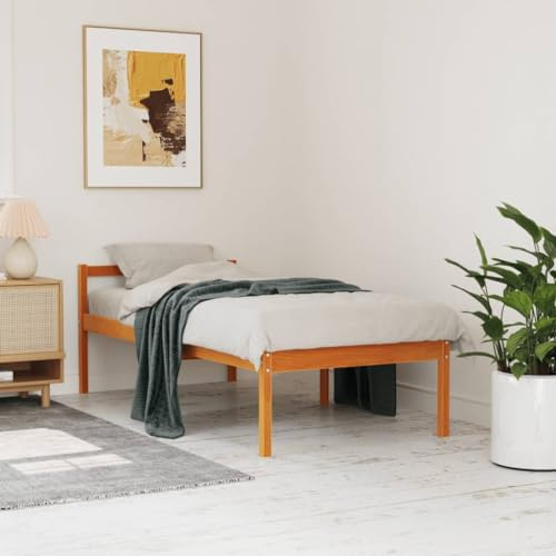 Goyphonic Seniorsäng, vaxbrun, 90 x 190 cm, massivt trä, furu, robust sängram med ribbotten, bekväm sänggavel, förvaringsutrymme under sängen, seniorlämplig