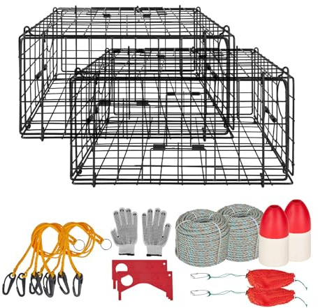 VEVOR Crab Trap, 2 Packs, 24.4x24.4x11.8 inch Heavy Duty Large Crab Pot Trap for Dungeness, Black PVC Coated Wire Mesh for Stealth, with Gauge, Red/White Float, 100ft Leaded Core Rope, and Gloves