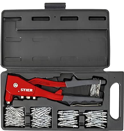 STIER Blindnieten Set, 201-teilig mit Handnietzange & Blindnieten, inklusive 4 auswechselbaren Mundstücken für flexible Anwendung, Blindnietzange, Nieten