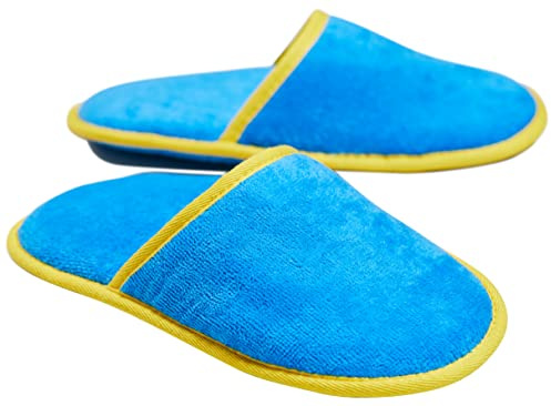 Sowel® Velour frottétofflor utan silikonnoppor, 100 % ekologisk bomull, hotelltofflor, kvinnor och män, en storlek, stängda, blå-gul, Einheitsgröße