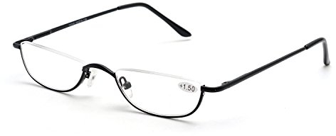 Inlefen Reading Glasses Spring Hinges Unisex Half Moon Half Frame Slim Reading Glasses Vintage Metal Semi Rimless Eyewea (Black +2.00)
