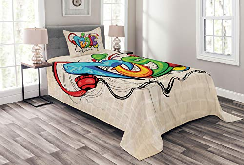 ABAKUHAUS Musik Tagesdecke Set, Musik Graffiti Hip Hop, Set mit Kissenbezug Weicher Stoff, für Einzelbetten 170 x 220 cm, Multicolor