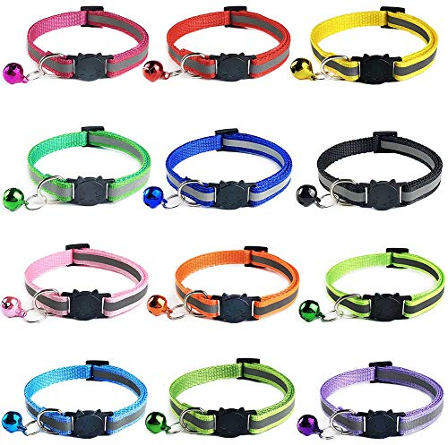 Tafeiya 12 PACK Reflective Cat Collars Quick Release Safety Buckle with Bell Adjustable19-32cm (Multi-colored)