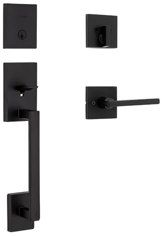 Kwikset 98180-020 San Clemente Single Cylinder Low Profile Front Lock Handleset with Halifax Door Handle Lever Featuring SmartKey Security, Iron Black