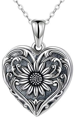 SOULMEET Cameo Sunflower Heart Locket Necklace That Holds 2 Picture, Sterling Silver Heart Shaped Picture Locket Necklace to Keep Someone Near to You