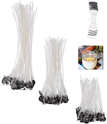 Yrlehoo 150 Stück Kerzendocht Kerzenherstellung Zubehör Kerze Dochte Gewachst Flachdocht mit 1 Edelstahl Dochte Festen Halter Candle Wick DIY, 20cm/15cm/9cm
