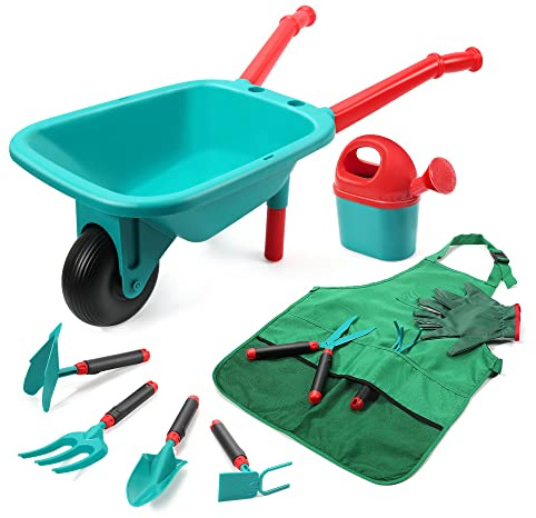 CUTE STONE Kids Gardening Tool Set, Garden Toys with Wheelbarrow, Watering Can, Gardening Gloves, Hand Rake, Shovel, Trowel, Double Hoe, Apron with Pockets, Outdoor Indoor Toys Gift for Boys Girls
