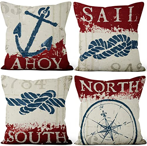 Aoihrraan 41x41cm Lot de 4 Nautique Voile Housse De Coussin Rétro Ancre Gouvernail Nostalgique Classique Kraft Papier Lin De Coussincarré Taie d'oreiller pour Chambre Salon Extérieur Jardin Sofa