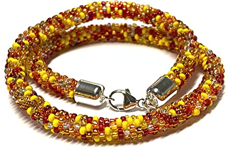Halskette gehäkelt Glasperlen 925 Silber Schließe Handarbeit Unikatschmuck Häkelkette 45cm rot gelb